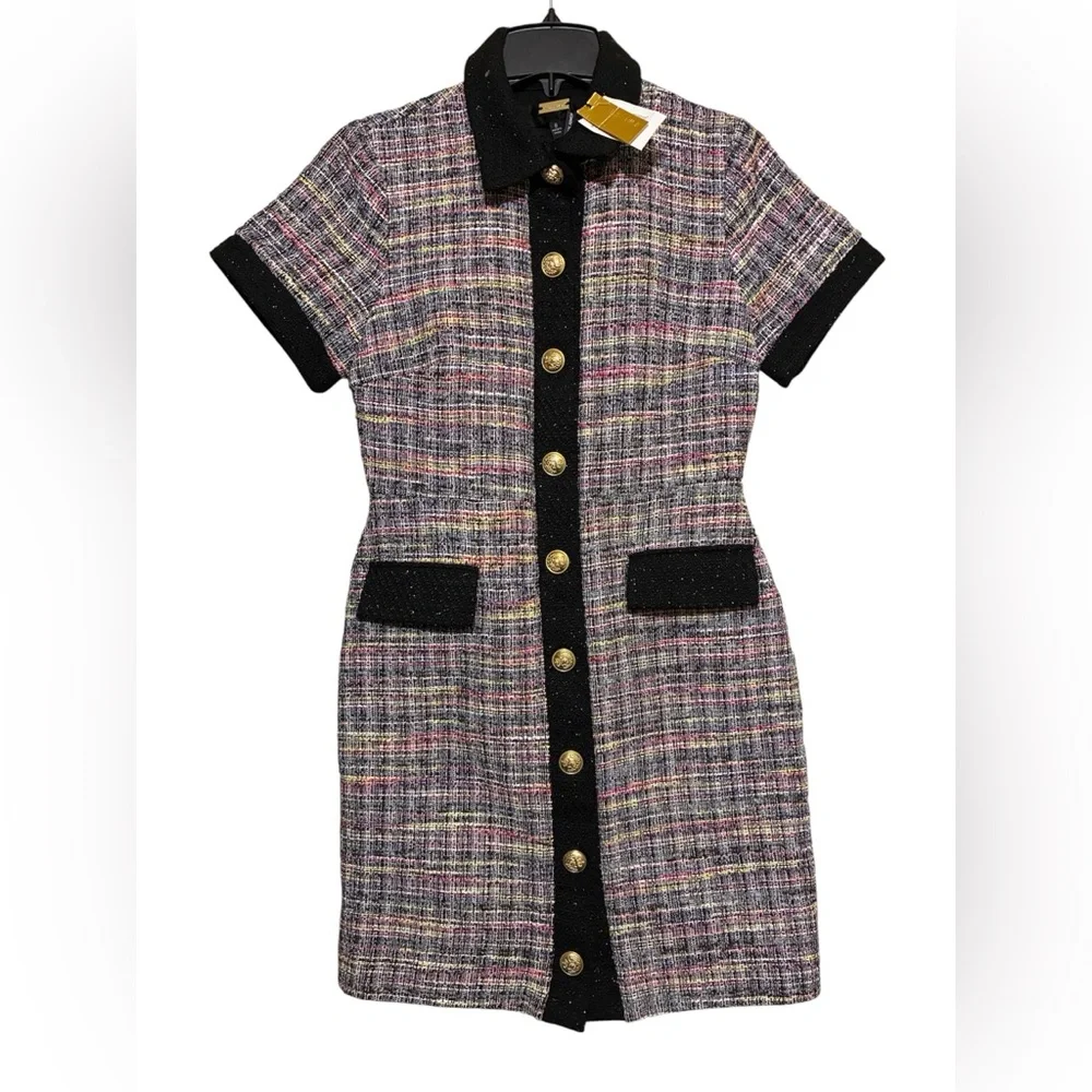 NWTs ALEXIA ADMOR Jenni Collar Button Down Tweed Shirt Mini Dress Size 8 Preppy - Picture 2 of 7